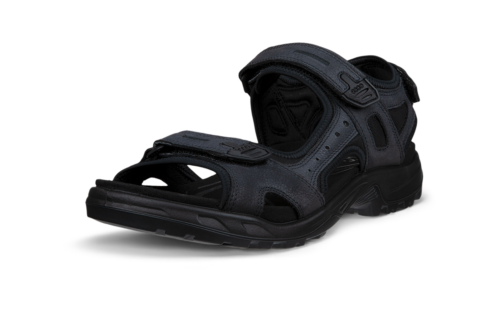 une sandale noire ouverte avec deux bandes auto-agrippantes et une semelle crantée