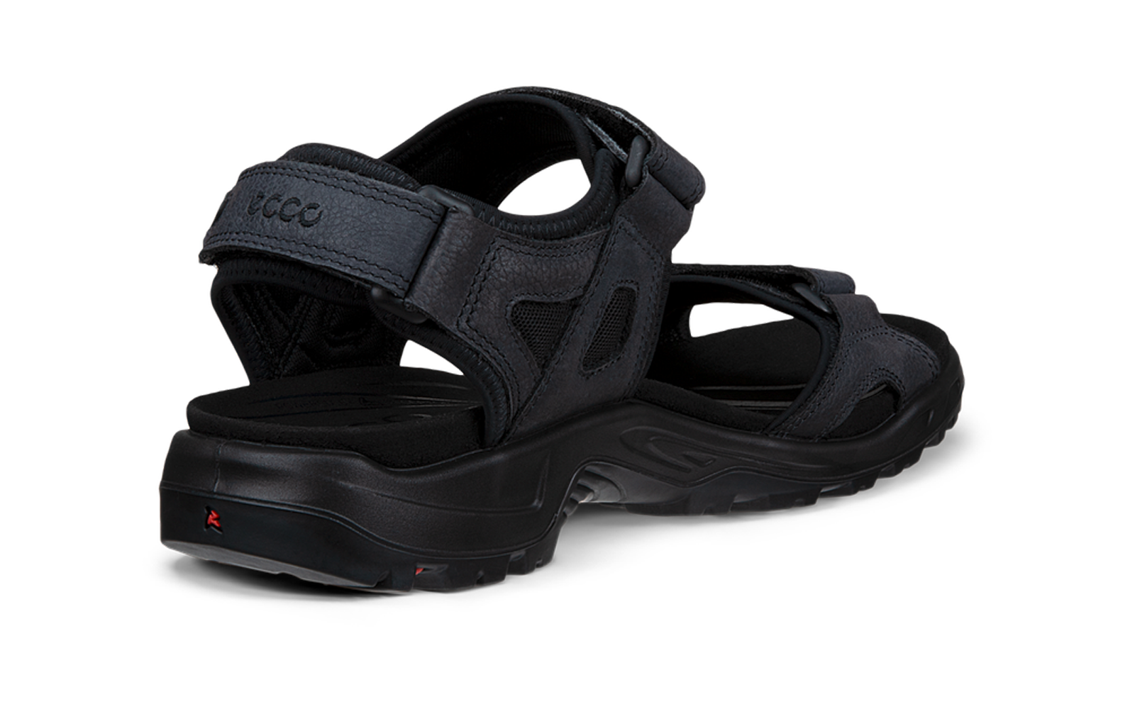 Sandale noire à bout ouvert, deux brides auto-agrippantes réglables et semelle en caoutchouc profilée, vue arrière en trois quarts