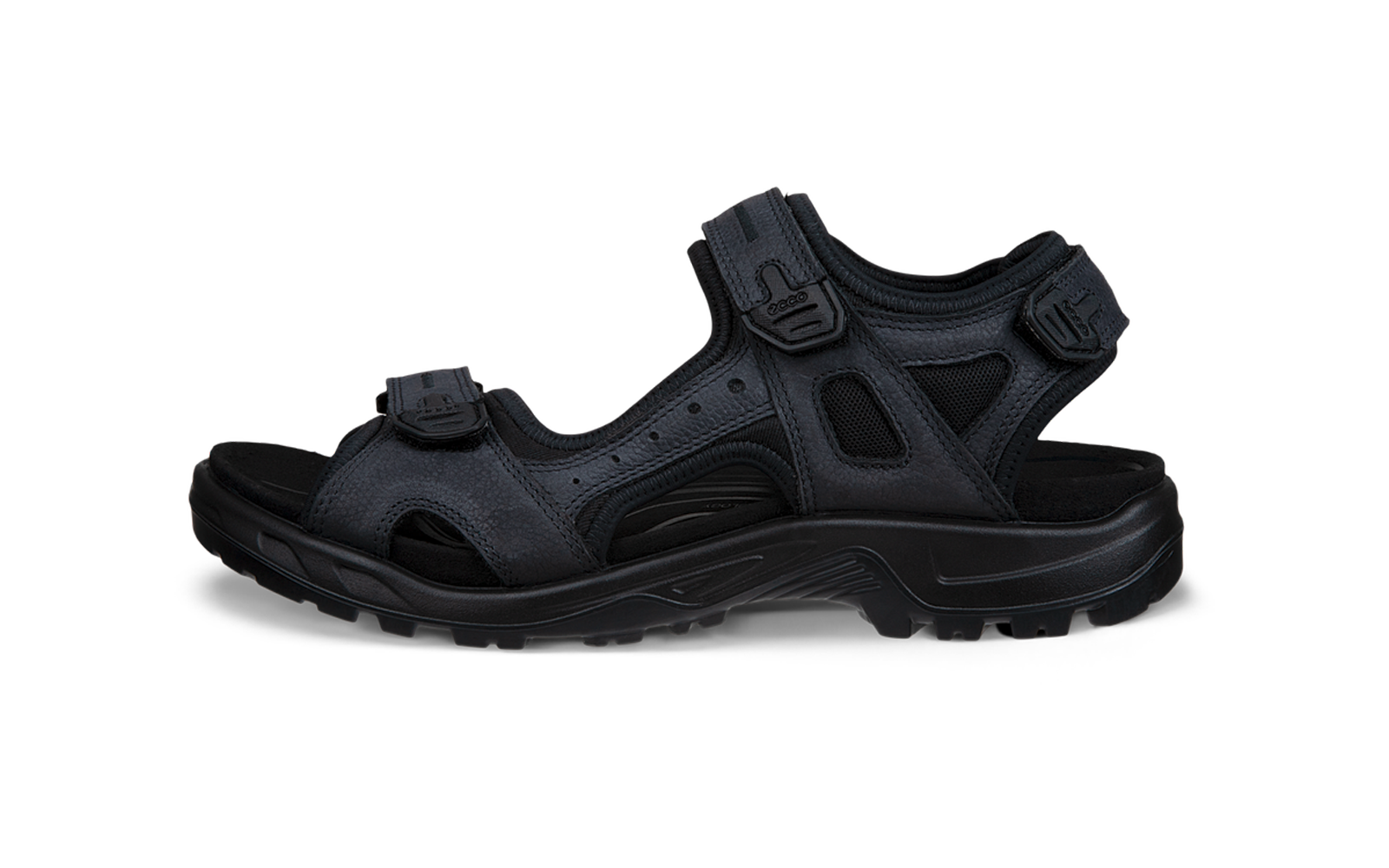 Sandale de randonnée noire avec trois fermetures auto-agrippantes, côtés ouverts et semelle crantée
