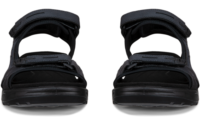 Vue de face d'une paire de sandales noires à deux brides et orteils découverts