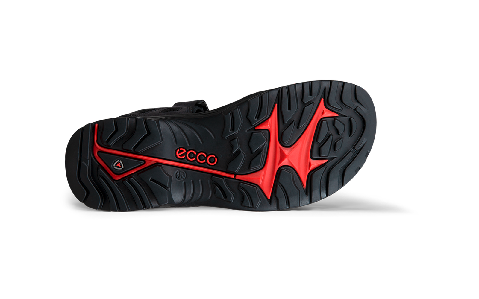 Dessous d'une semelle de chaussure, noir avec inserts rouges et profondes rainures; inscription 'ecco' visible