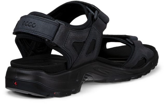 Sandale noire à bout ouvert, deux brides auto-agrippantes réglables et semelle en caoutchouc profilée, vue arrière en trois quarts