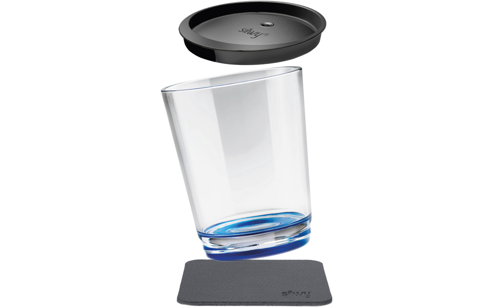 Clear glass with blue base, black coaster, and black lid shown separately above
