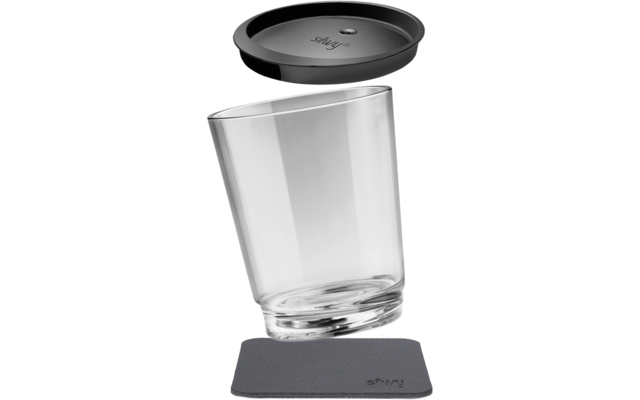 Tilted transparent glass with black lid above and square gray coaster below