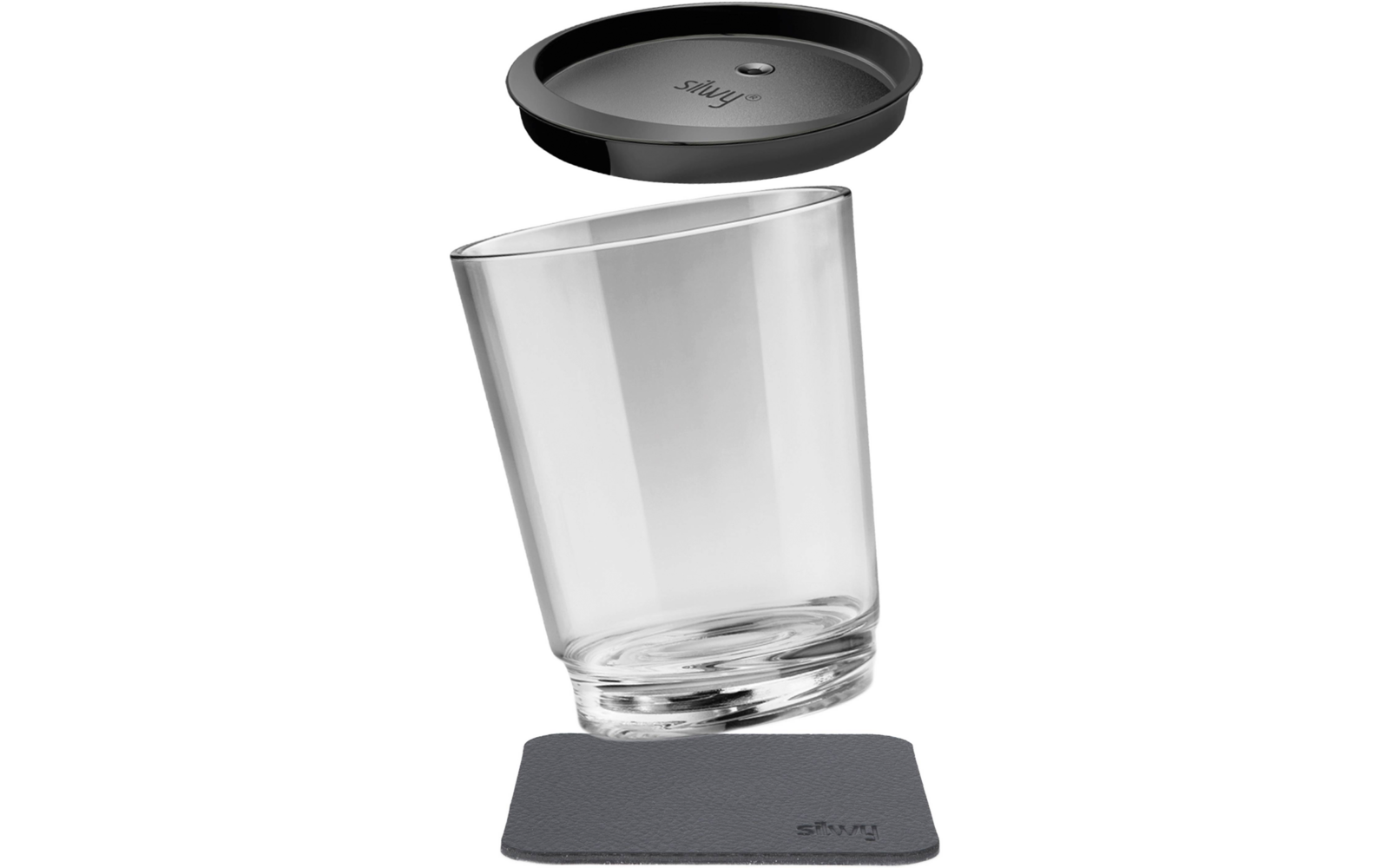 Tilted transparent glass with black lid above and square gray coaster below