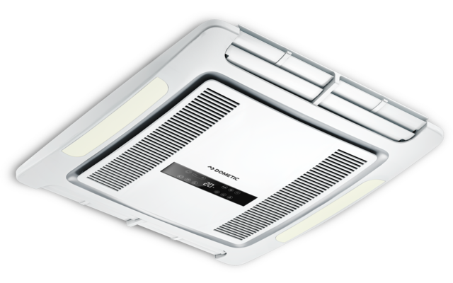 Weißes, rechteckiges Deckenkassettengerät mit Lüftungsöffnungen und mittigem Bedienfeld