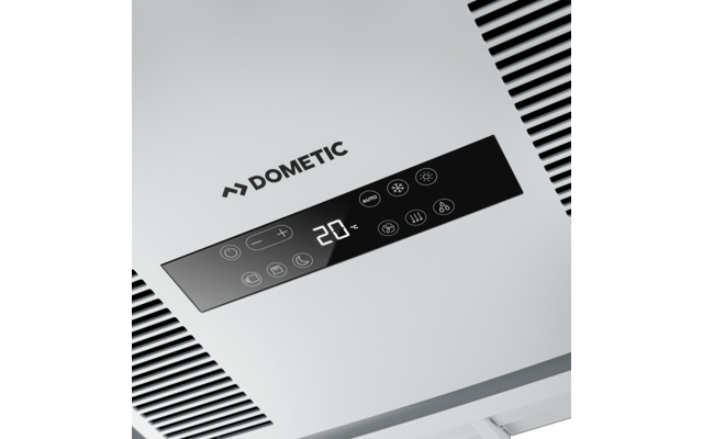 Deckenmontiertes Bedienfeld mit DOMETIC-Logo, schwarzes digitales Display zeigt 20, mehrere Symboltasten und seitliche Lüftungsschlitze