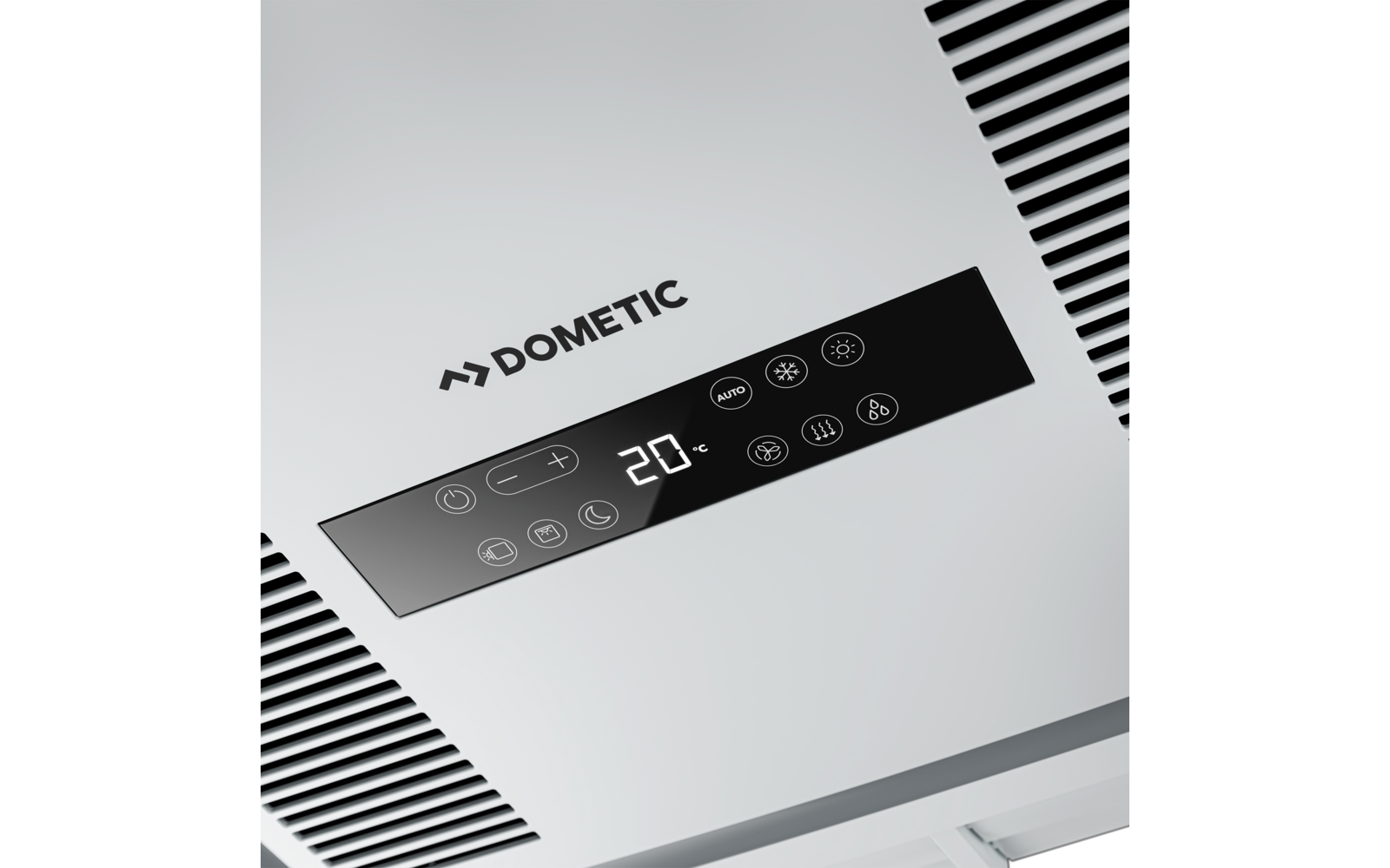 Deckenmontiertes Bedienfeld mit DOMETIC-Logo, schwarzes digitales Display zeigt 20, mehrere Symboltasten und seitliche Lüftungsschlitze