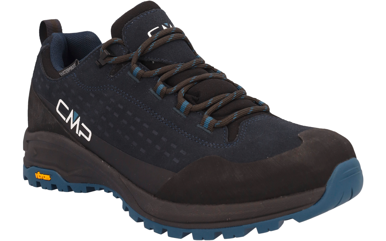 Schwarzer Wanderschuh mit blauen Akzenten und CMP-Logo