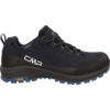 Dunkelblauer Wanderschuh mit schwarzen und blauen Details, gelber Sohle und Schnürsenkeln