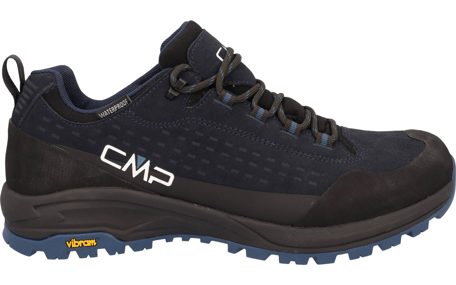 Dunkelblauer Wanderschuh mit schwarzen und blauen Details, gelber Sohle und Schnürsenkeln