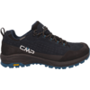Dunkelblauer Wanderschuh mit schwarzen und blauen Details, gelber Sohle und Schnürsenkeln