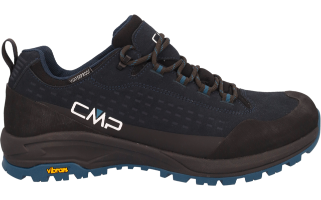 Dunkelblauer Wanderschuh mit schwarzen und blauen Details, gelber Sohle und Schnürsenkeln