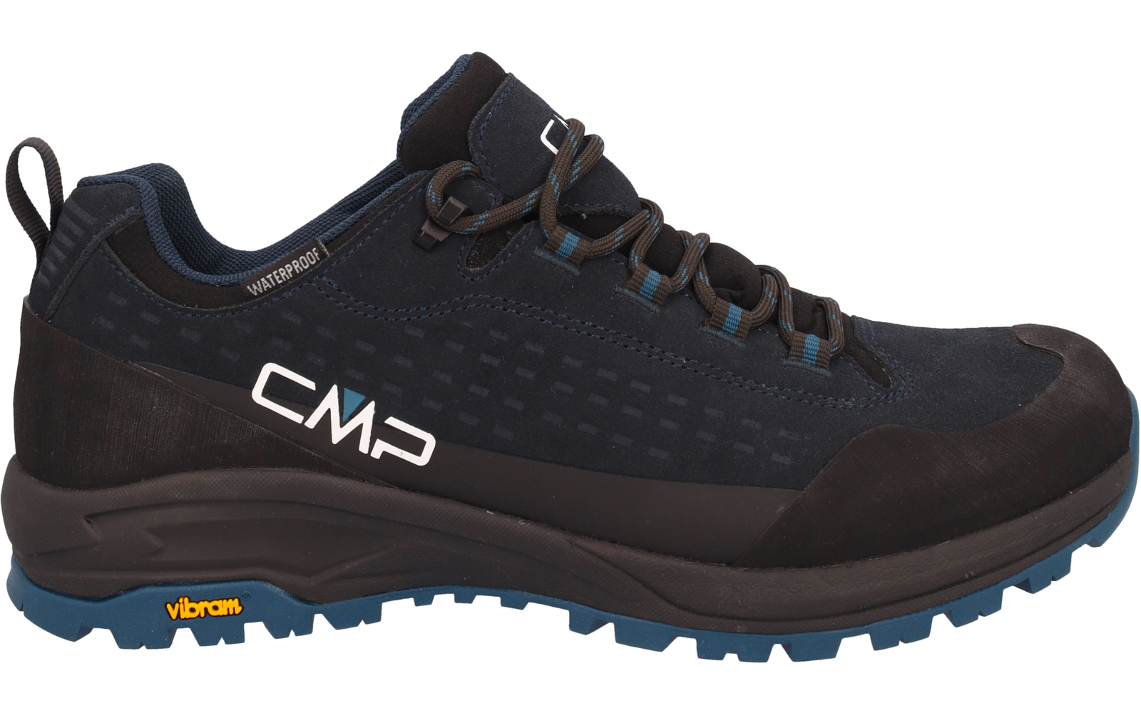 Dunkelblauer Wanderschuh mit schwarzen und blauen Details, gelber Sohle und Schnürsenkeln