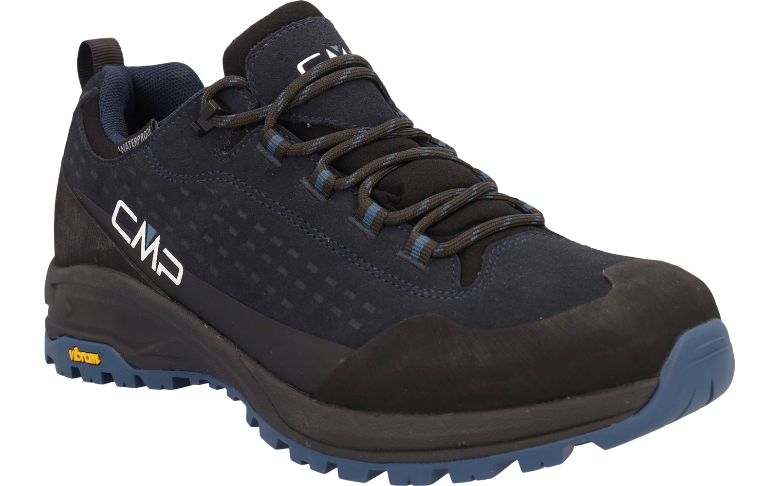 Schwarzer Wanderschuh mit blauen Akzenten und CMP-Logo