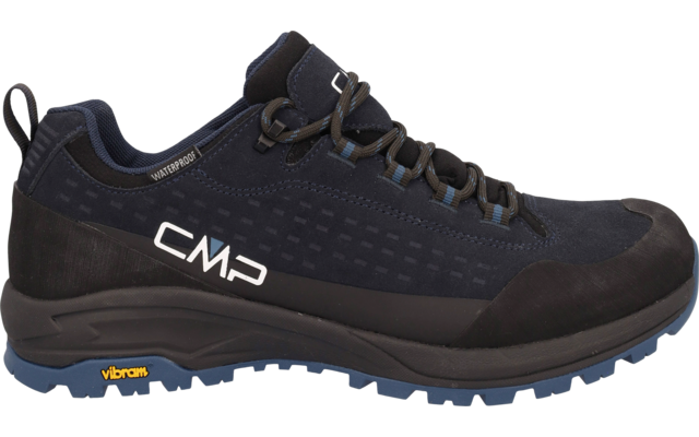 Dunkelblauer Wanderschuh mit schwarzen und blauen Details, gelber Sohle und Schnürsenkeln