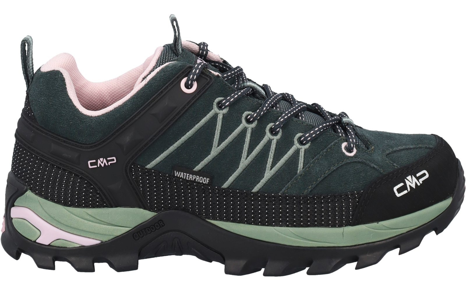 Vista laterale di una scarpa verde scuro con dettagli neri e rosa, stringhe nere, suola scolpita, scritta laterale 'WATERPROOF' e logo 'CMP' visibile