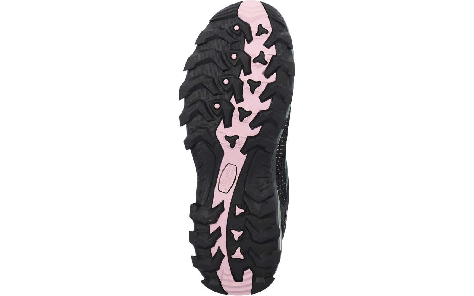 Parte inferiore di una suola di scarpa nera con striscia centrale rosa e battistrada profondo, su sfondo bianco