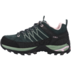 Scarpa da trekking verde scuro con suola carrarmato nera, intersuola verde chiaro, interno rosa, lacci e logo CMP sul lato