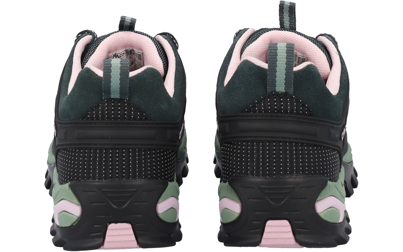 Vista posteriore di un paio di sneaker verde scuro e nere con fodera rosa, suole massicce scolpite, linguette sul tallone e dettagli verde chiaro e rosa sulla suola