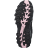 Parte inferiore di una suola di scarpa nera con striscia centrale rosa e battistrada profondo, su sfondo bianco