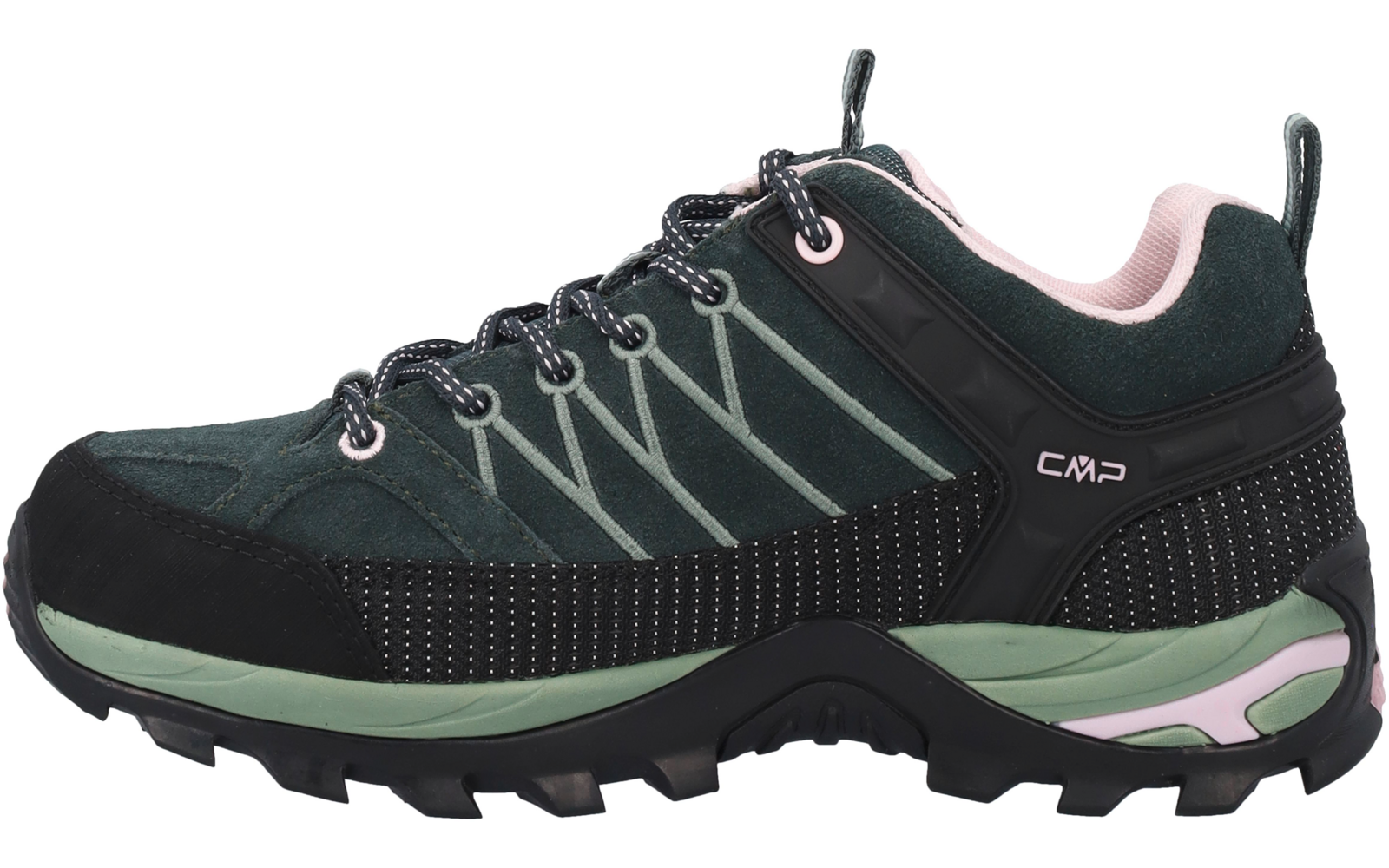 Scarpa da trekking verde scuro con suola carrarmato nera, intersuola verde chiaro, interno rosa, lacci e logo CMP sul lato