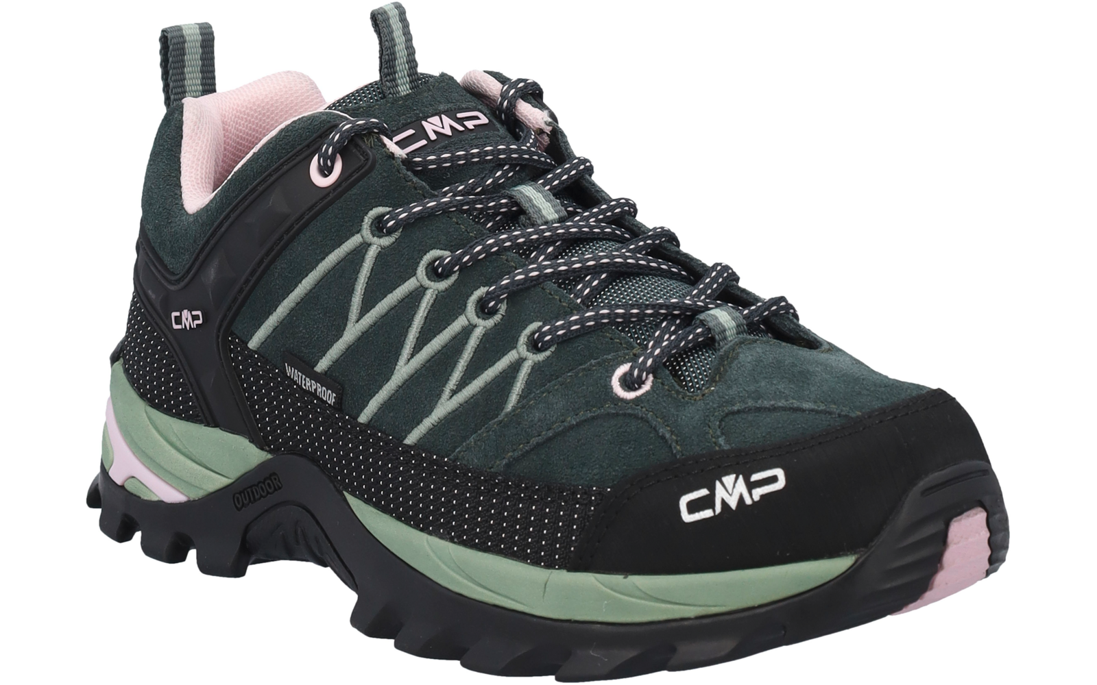 Una singola scarpa verde scuro con dettagli verde chiaro e rosa, lacci nero e bianco, suola zigrinata in gomma nera e logo bianco 'CMP'