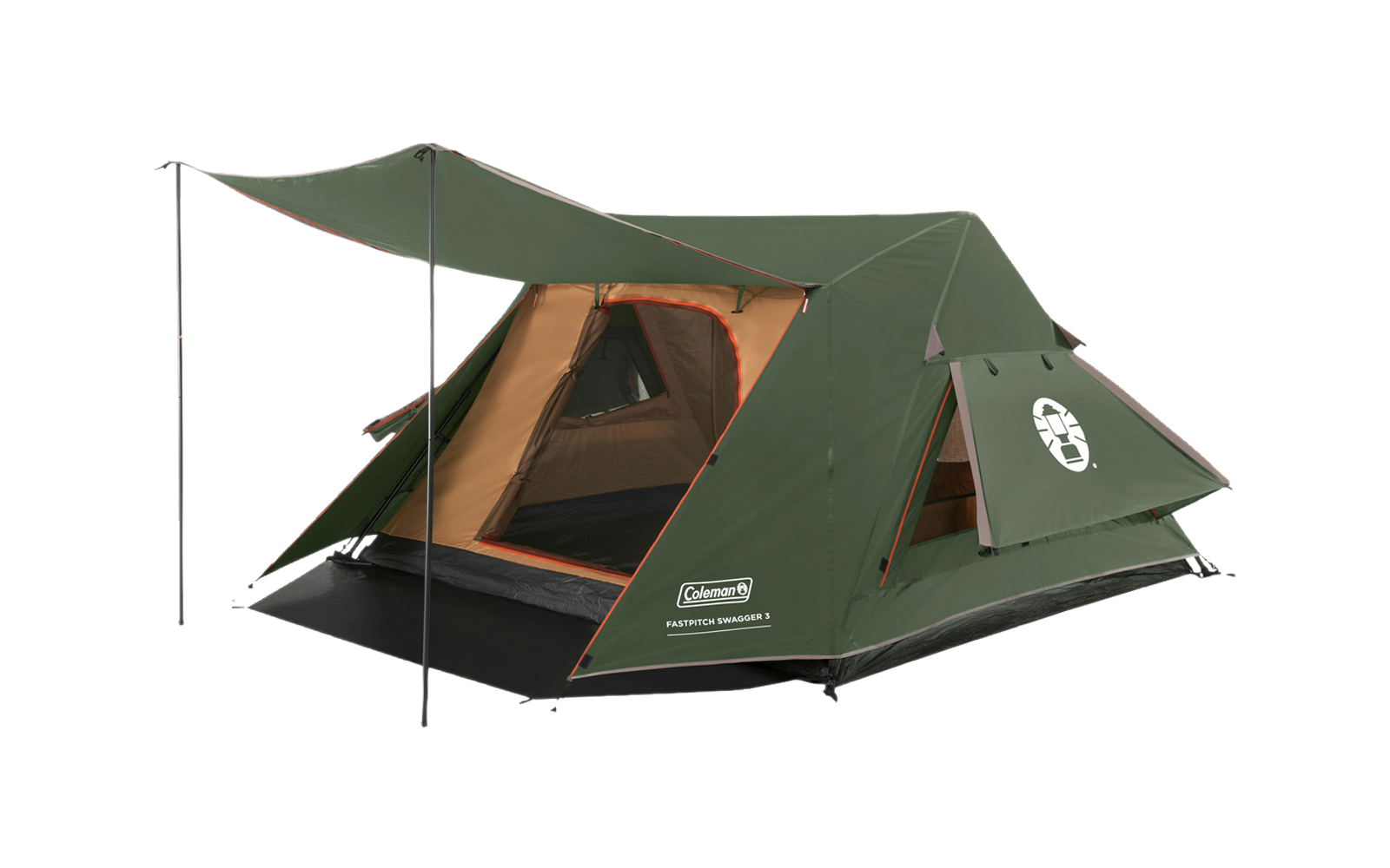 Grünes und oranges Campingzelt mit geöffnetem Eingang und zwei Stangen, die das Vordach stützen