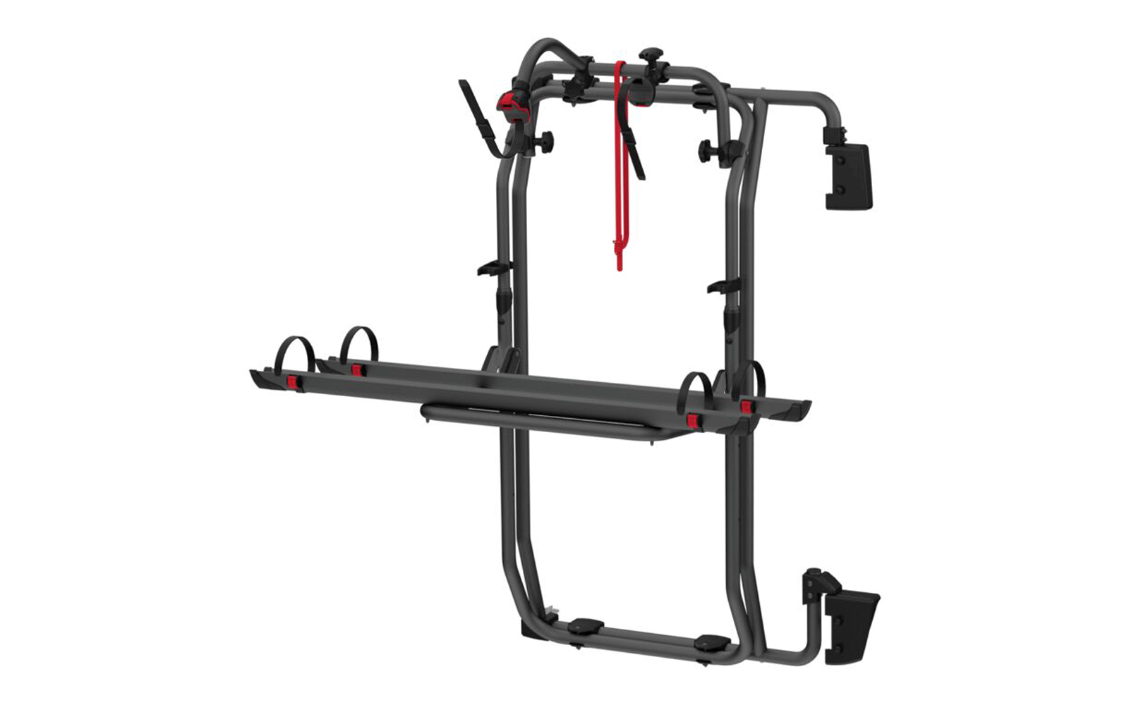 Grauer Metall-Fahrradträger mit zwei horizontalen Schienen, zwei Radsicherungsbügeln und roten Spanngurten