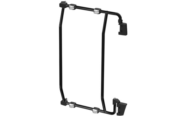 Schwarzer, rechteckiger Metallrahmen mit zwei vertikalen und zwei horizontalen Rohren, vier silberne Klemmen und zwei schwarze rechteckige Platten an den Enden