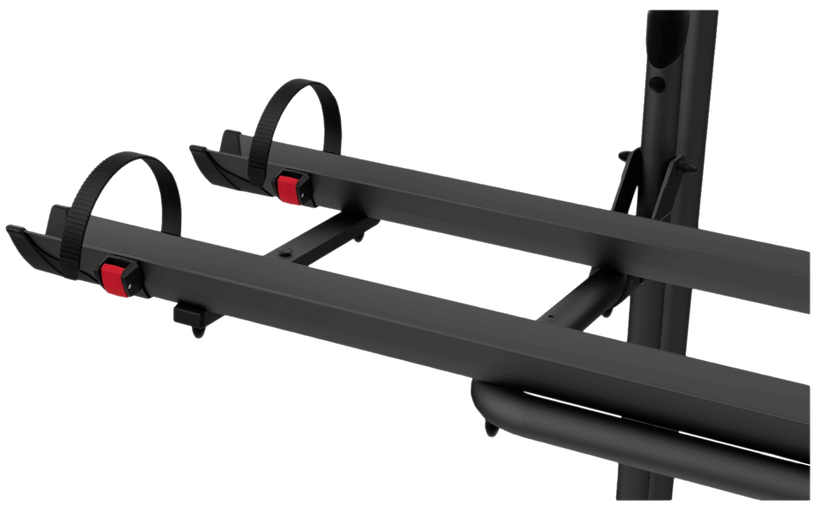 Schwarzer Fahrradträger mit zwei parallelen Schienen und zwei Radsicherungsbändern mit roten Verschlüssen