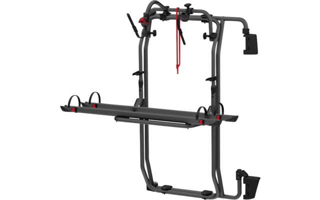 Grauer Metall-Fahrradträger mit zwei horizontalen Schienen, zwei Radsicherungsbügeln und roten Spanngurten