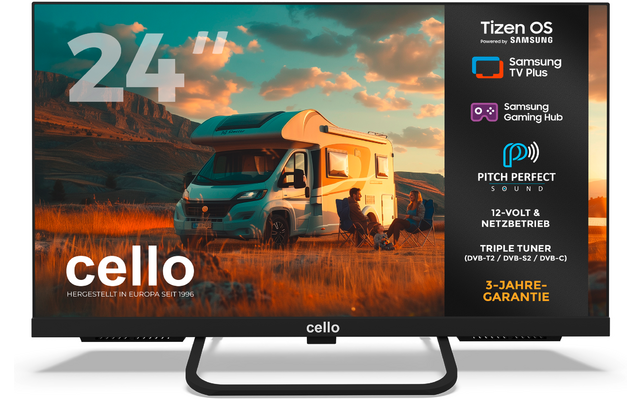 Televisiescherm met een camper op een grasveld, twee personen zitten op stoelen ernaast; oranje-blauwe lucht, groot '24' linksboven, 'cello'-logo onderaan, zwarte kolom rechts met iconen en tekst
