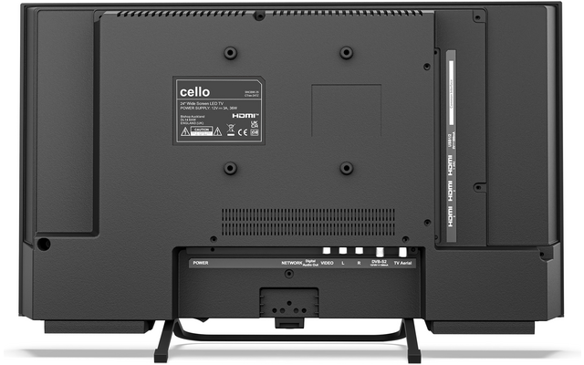 Achterzijde van een kleine televisie met standaard, ventilatieopeningen, aansluitpaneel en fabrikantlabel "cello"