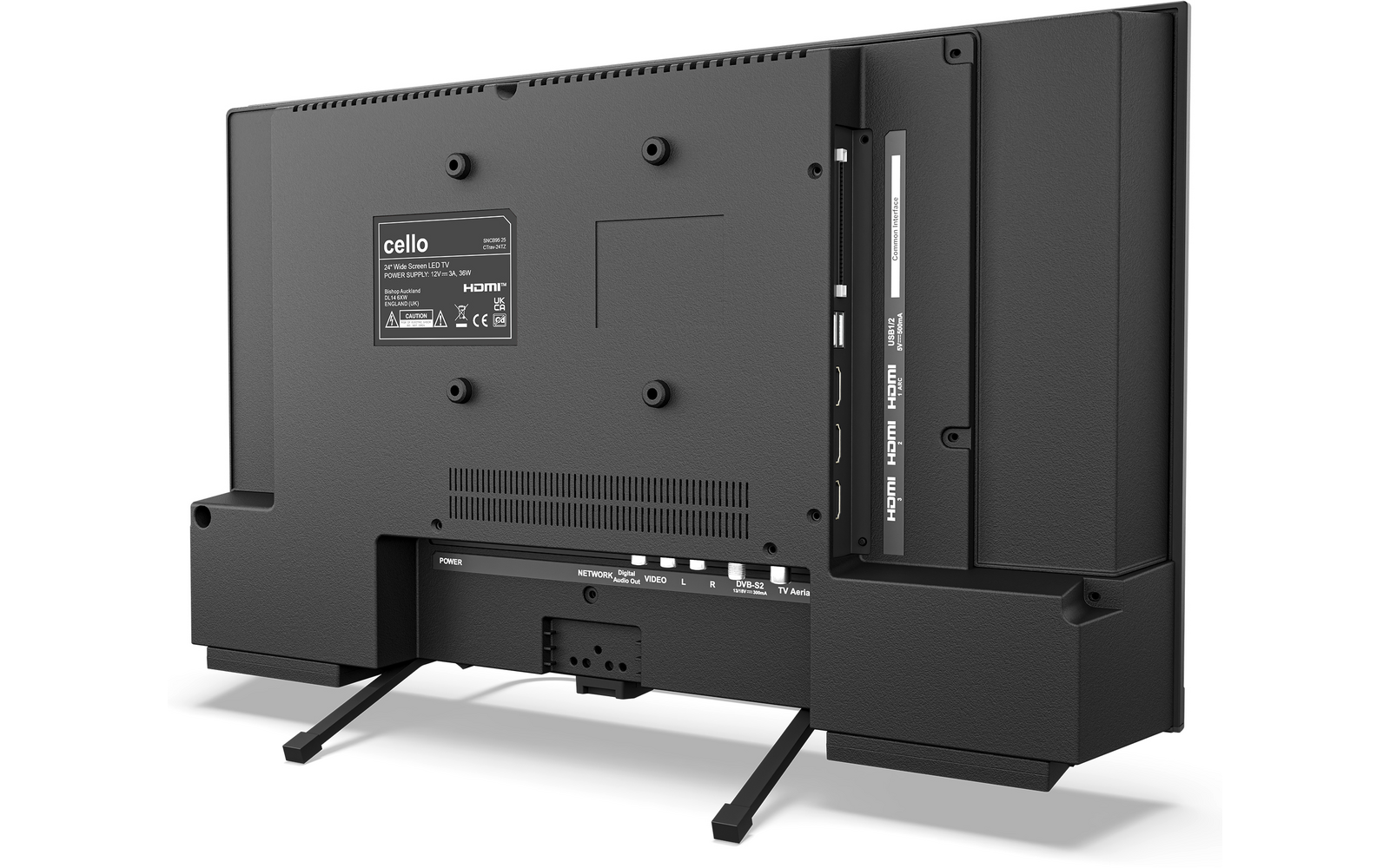 Achterzijde van een zwarte flatscreen-tv op twee pootjes, zichtbare aansluitingen (HDMI, USB), ventilatieopeningen en een etiket met cello