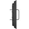 Zijaanzicht van een zwart flatscreen met ventilatieroosters aan de achterzijde en een gebogen steunarm