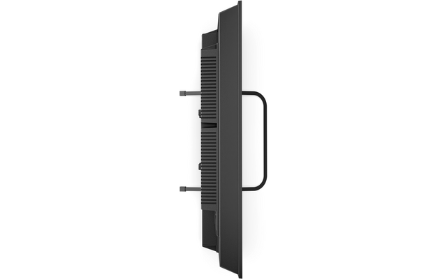 Zijaanzicht van een zwart flatscreen met ventilatieroosters aan de achterzijde en een gebogen steunarm