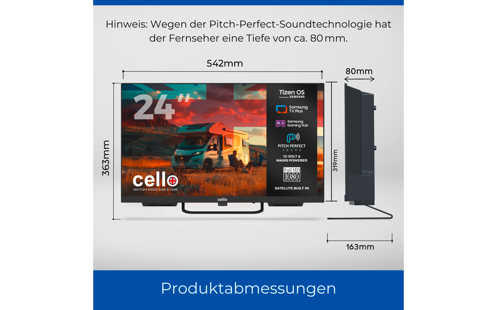 Product afbeelding Cello CTrav Smart Tizen OS Camping LED TV mit Triple Tuner, WLAN, Bluetooth, 12/24/230 V 1