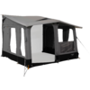 Gray camping awning with extended canopy, three side windows, open entrance, visible mesh window panel, guy lines and metal support poles