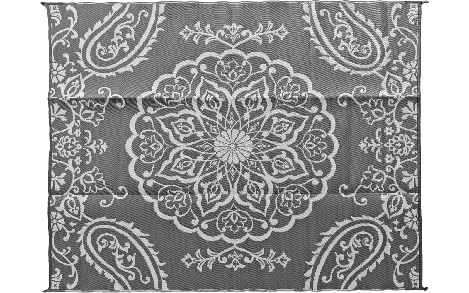 Rechteckiges Textilmuster mit zentralem rundem Blumenornament, symmetrischen Paisley-Motiven in den Ecken und wiederholten Zierlinien