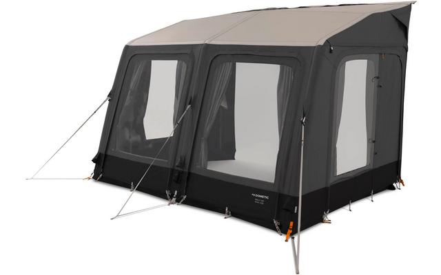 Grau-anthrazitfarbenes Zelt mit drei großen durchsichtigen Fenstern, hellgrauem Dachvorsprung, Abspannleinen, Metallstangen und schwarzem Bodenabschluss