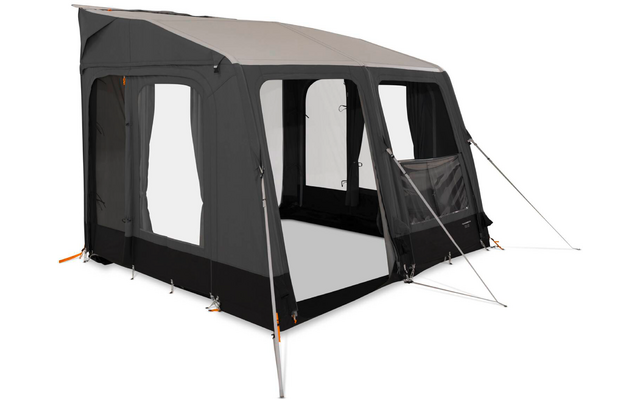 Großes graues Zelt mit verlängertem Dach, Seitenwänden, durchsichtigen Fenstern, Metallstangen und gespannten Abspannleinen
