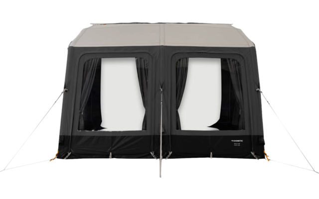 Gray-black tent with two front windows, closed dark curtains, support poles and guy lines visible