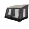 Gray-anthracite tent with three large transparent windows, light-gray roof extension, guy lines, metal poles and black base