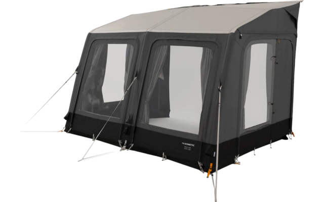 Gray-anthracite tent with three large transparent windows, light-gray roof extension, guy lines, metal poles and black base