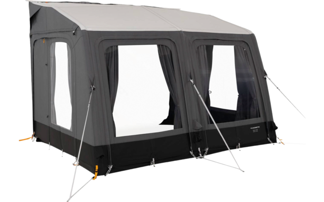 Gray fabric structure with three large rectangular transparent windows, a black base border, and tensioned guy lines