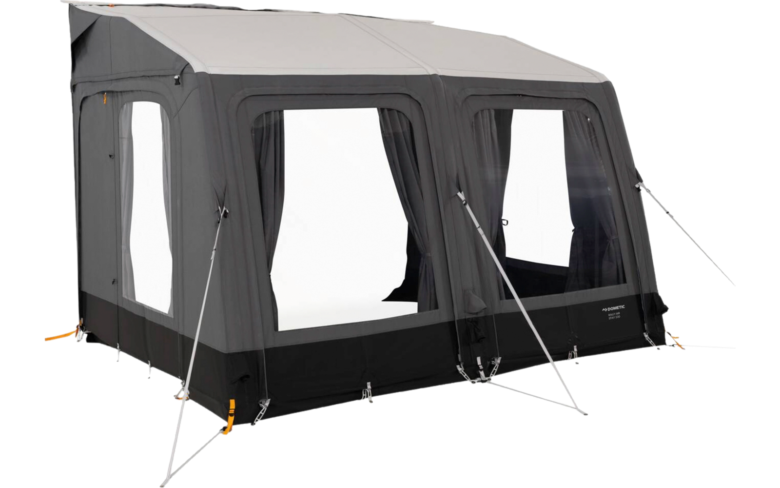 Gray fabric structure with three large rectangular transparent windows, a black base border, and tensioned guy lines