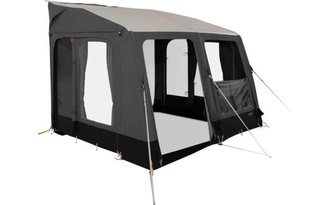 Large gray tent with extended roof, side walls, transparent windows, metal poles and tensioned guy lines