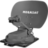 Satellitenschüssel mit abgerundetem Reflektor, dem weißen Schriftzug 'MEGASAT', Feedarm mit LNB und montierter Basisplatte