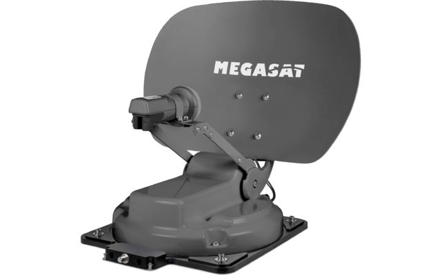Satellitenschüssel mit abgerundetem Reflektor, dem weißen Schriftzug 'MEGASAT', Feedarm mit LNB und montierter Basisplatte